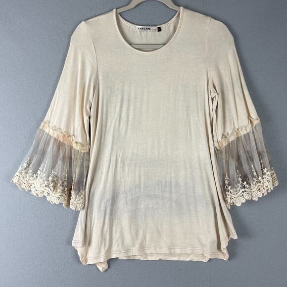 Origami by Vivian Top Womens Small Beige Embroidered Sheer Lace Boho Artsy - Picture 1 of 15